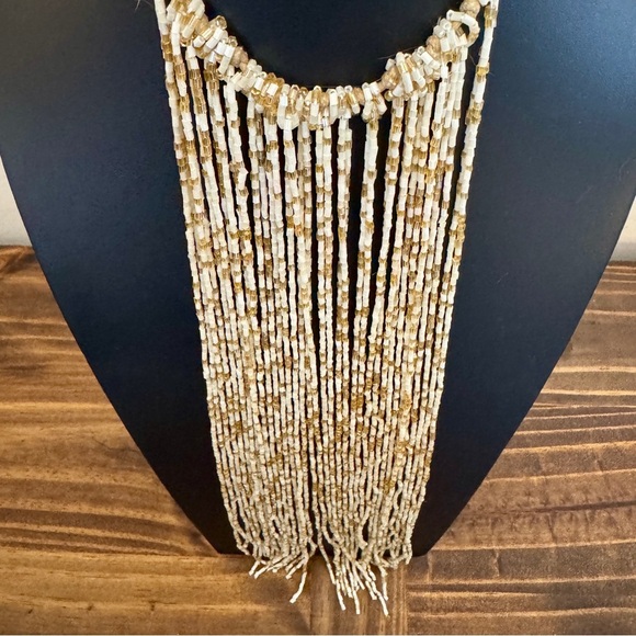 Regal Gold Pearly White Beaded Fringe Statement Choker Necklace w Dagon bracelet - Picture 2 of 7